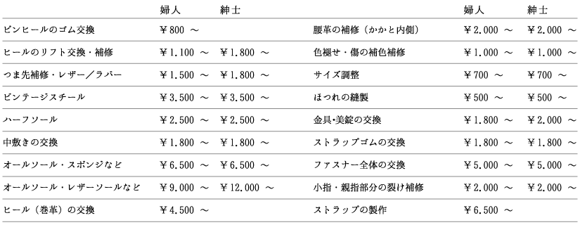 靴修理費用一覧 靴修理費用一覧